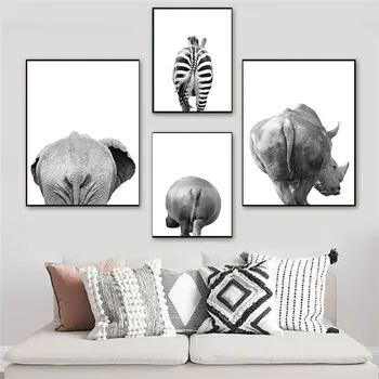 Safari Zvieratá Zadok Čierne Biele Plátno Plagát Kúpeľňa Wall Art Obrázky Slon Žirafa, Zebra, Maľovanie Vytlačí Škôlky Dekor