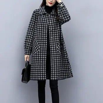 Jeseň Zima Vintage Koberčeky Dlho Vlnené Kabáty Ženy 2021 Módne Voľné Kórejský Bunda Veľkosť Oblečenia Casaco Feminino M450