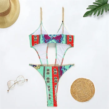 GNIM Sexy Duté Z Tlače Plavky Ženy z Jedného Kusu Reťazca Brazílske Plavky, Bikiny 2021 Nové Backless Top Predávať Plávanie Oblek 3