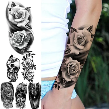 Realistické Kvet Sexy Ruže Kvet Dočasné Tetovanie Pre Ženy, Dospelých Lebky Vlk, Lev Kompas Kríž Falošné Tetovanie Body Art Tatoos