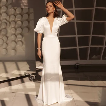 UETEEY Jednoduché, Hlboké V-Neck Morská víla Svadobné Šaty Backless Dĺžka Podlahy Sexy Biele Saténové Svadobné Šaty 2021