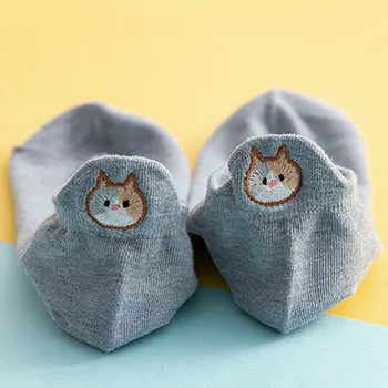 Dámske Bavlnené Ponožky Japonský Nový Čisté Farby, Vyšívané Mačka Loď Roztomilé Ponožky Športové Priedušná Žien je Nízka Top Krátke Ponožky
