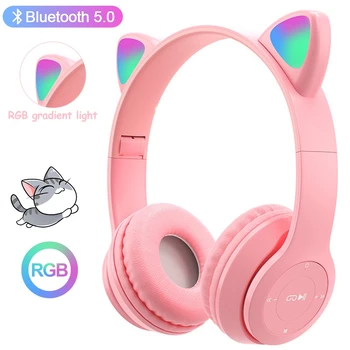 Mačka Uši Bluetooth 5.0 Bezdrôtové Slúchadlá S Mikrofónom RGB Svetlo Dievča Darčeky Deťom na Počítači, Smartphone Herné Slúchadlá
